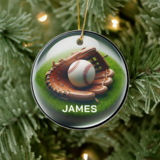 Ornamento De Cerâmica Custom Name Baseball Faux Glass‑Orb Look