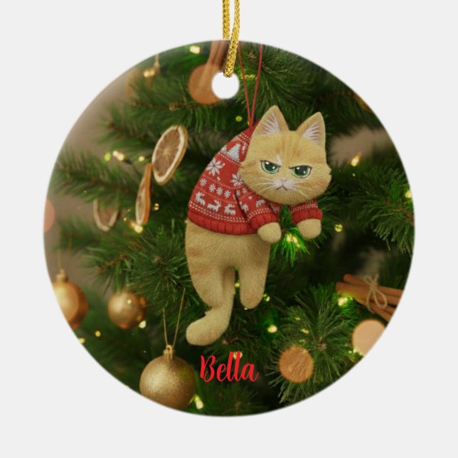 Ornamento De Cerâmica Custom Name Funny Grumpy Cat Christmas Ornament (Frente)