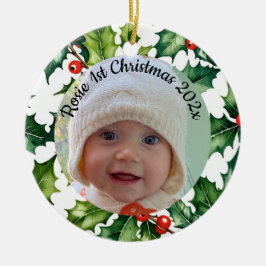 Ornamento De Cerâmica custom photo Christmas holly ceramic ornament
