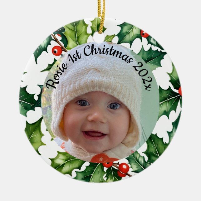 Ornamento De Cerâmica custom photo Christmas holly  ceramic ornament (Frente)