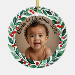 Ornamento De Cerâmica custom photo christmas holly ceramic ornament