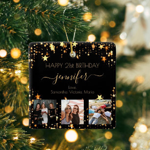 Ornamento De Cerâmica Custom photo friends birthday black gold stars