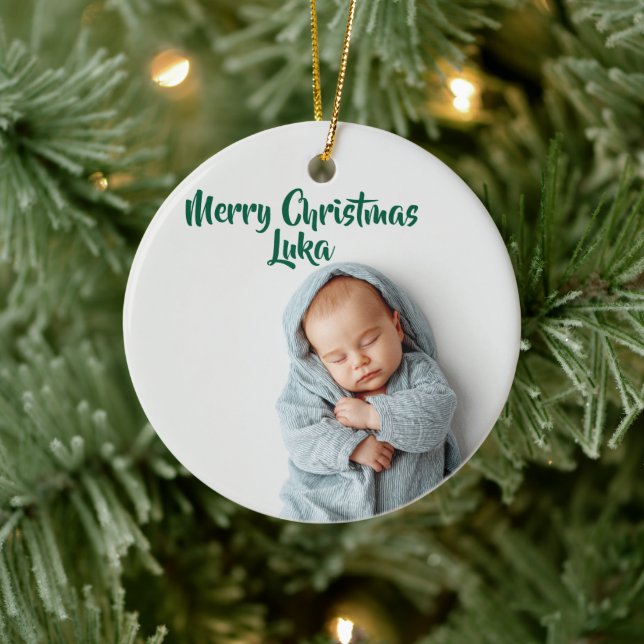 Ornamento De Cerâmica Custom Photo & Name Holiday Christmas Ornament (Árvore)