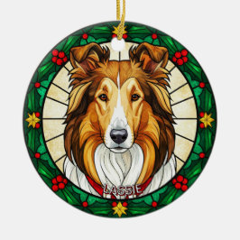 Ornamento De Cerâmica Custom Stained glass effect DOG'S name Christmas