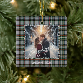 Ornamento De Cerâmica Custom Winter Engagement Photo Card with Tartan 