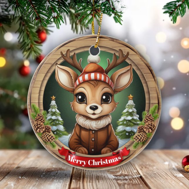 Ornamento De Cerâmica Custom Wooden Framed Deer Holiday Decoration 🦌🎄 (Custom Text Wooden Framed Deer Holiday Decoration. Rustic Vibe Reindeer Personal Name Gift Tag 🦌🎄)