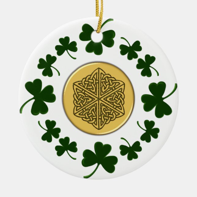 Ornamento De Cerâmica CUSTOMIZÁVEL!  Trevos - céltico irlandês Dourado (Frente)