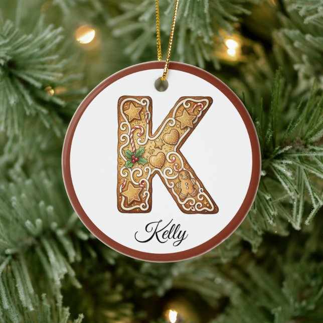 Ornamento De Cerâmica Customize Christmas Gingerbread Letter K Monogram (Árvore)