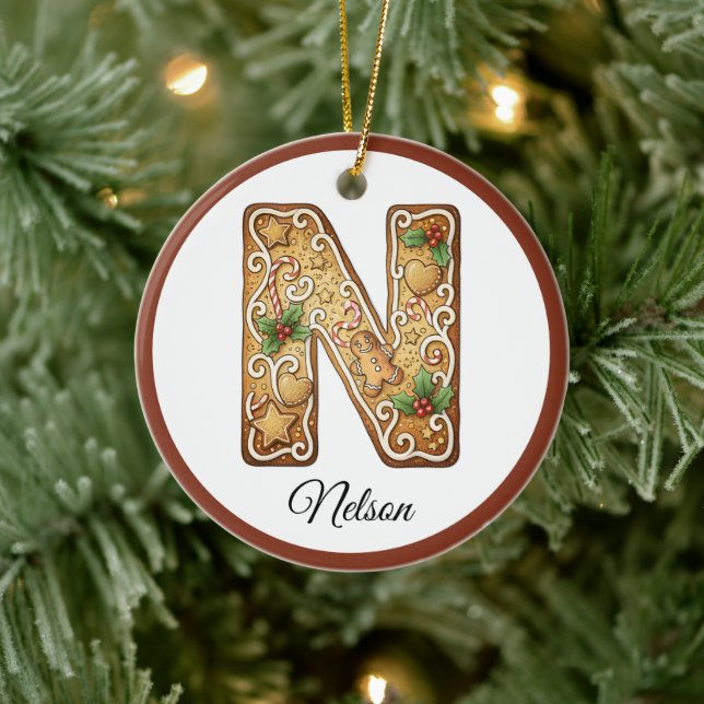 Ornamento De Cerâmica Customize Christmas Gingerbread Letter N Monogram (Árvore)