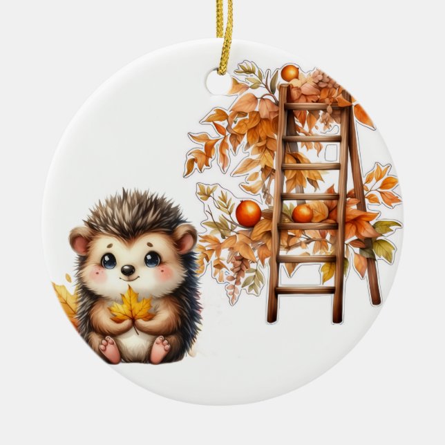 Ornamento De Cerâmica Cute Autumn Hedgehog with Harvest Ladder Illustrat (Frente)