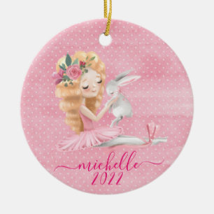 Ornamento De Cerâmica Cute Ballerina Bunny Nome personalizado Watercolor