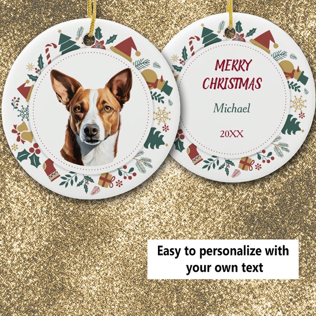 Ornamento De Cerâmica Cute Basenji Christmas Images Wreath (Criador carregado)