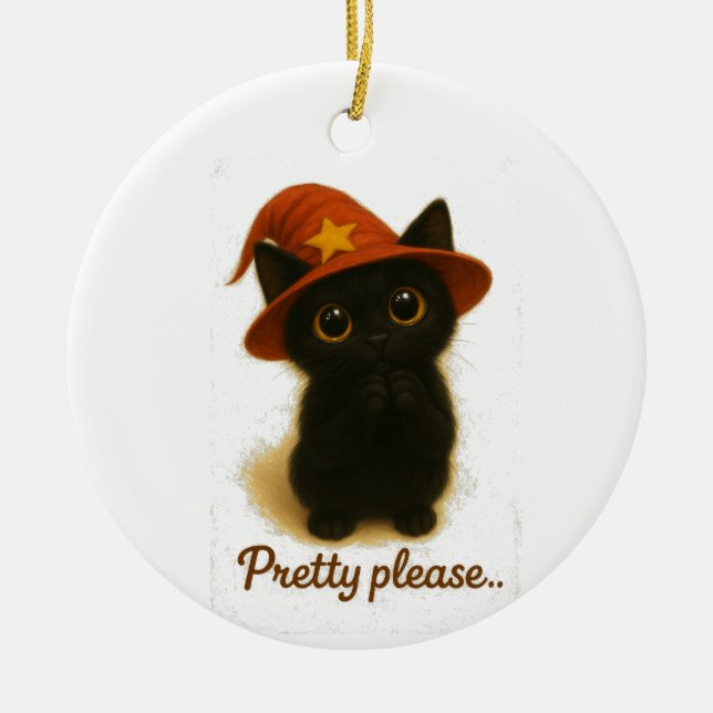 Ornamento De Cerâmica Cute Black Cat Emi Begging Pose – Kawaii Witch Hat (Frente)