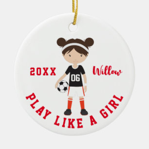 Ornamento De Cerâmica Cute Brunette Girl Soccer Personalized Christmas C