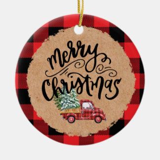 Ornamento De Cerâmica Cute Buffalo Plaid Truck Christmas Ornament