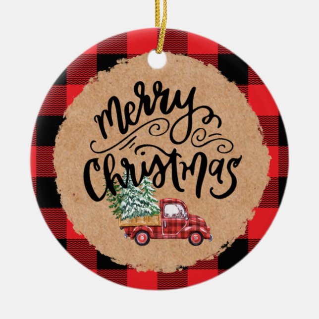 Ornamento De Cerâmica Cute Buffalo Plaid Truck Christmas Ornament (Frente)