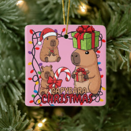 Ornamento De Cerâmica Cute Capybara Christmas Lights Festive Party Pink