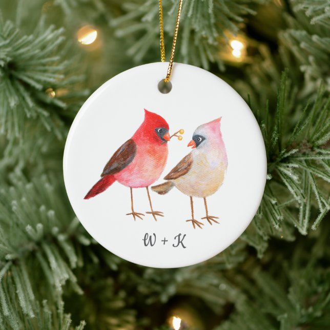 Ornamento De Cerâmica Cute Cardinal Giving Gifts Couple Custom Christmas (Árvore)