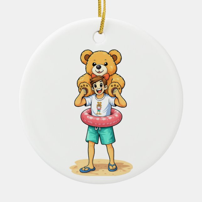 Ornamento De Cerâmica Cute Cartoon Man with Giant Teddy Bear Summer Fun (Frente)