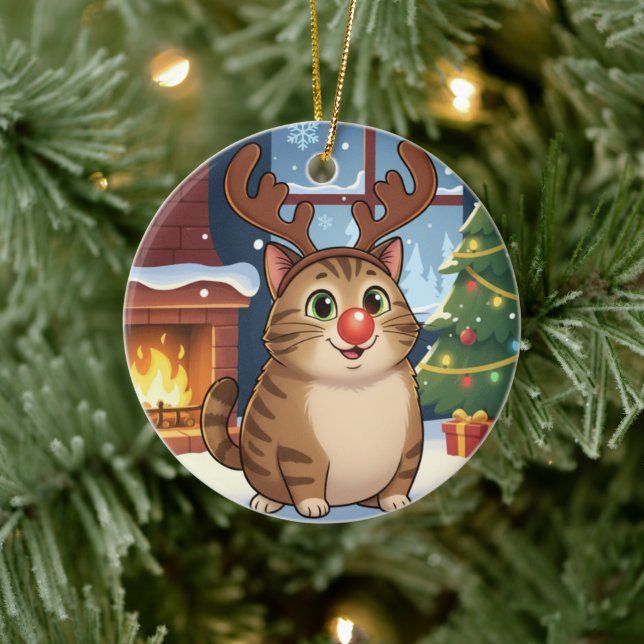 Ornamento De Cerâmica Cute Cartoon Reindeer Kitty Rudolph Cat Christmas  (Árvore)