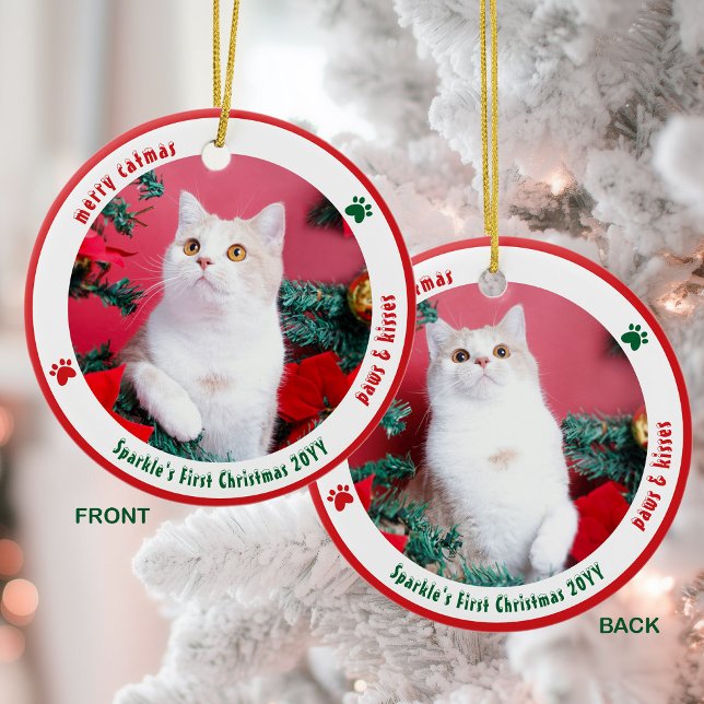 Ornamento De Cerâmica Cute Cat First Christmas Custom Pet Photo (Criador carregado)