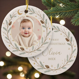 Ornamento De Cerâmica Cute Celestial Baby First Christmas Photo