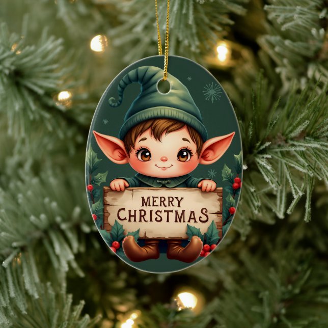 Ornamento De Cerâmica Cute Christmas Elf Holding Merry Sign Green (Árvore)