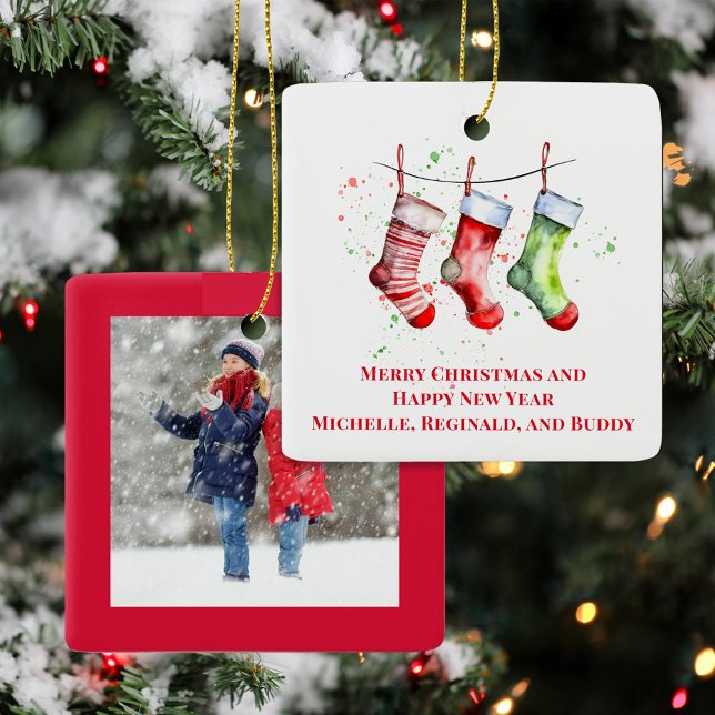 Ornamento De Cerâmica Cute Christmas Stocking Custom Photo  (Christmas Photo Custom Cute Holiday Stocking Ornament.)
