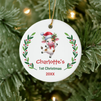 Ornamento De Cerâmica Cute Custom Baby's First Christmas Festive Cow