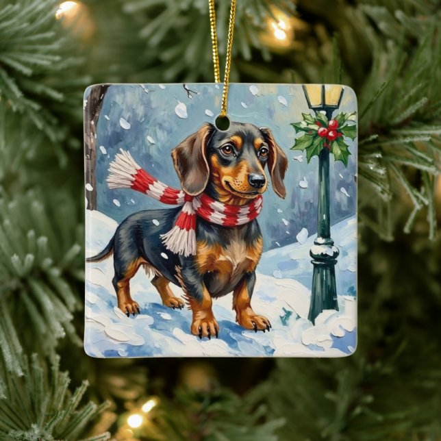 Ornamento De Cerâmica Cute Dachshund Puppy Cozy Winter Scarf Art (Árvore)