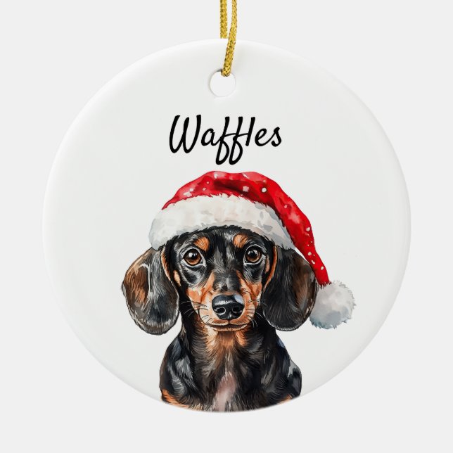 Ornamento De Cerâmica Cute Dachshund with Santa Hat (Frente)