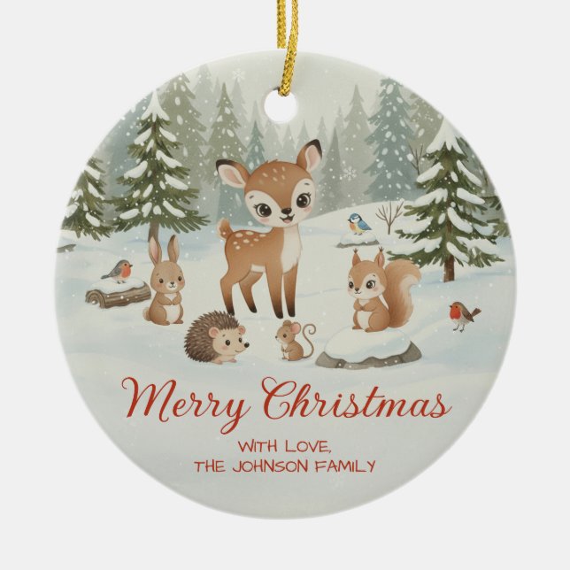 Ornamento De Cerâmica Cute Deer and Woodland Animals Merry Christmas (Frente)