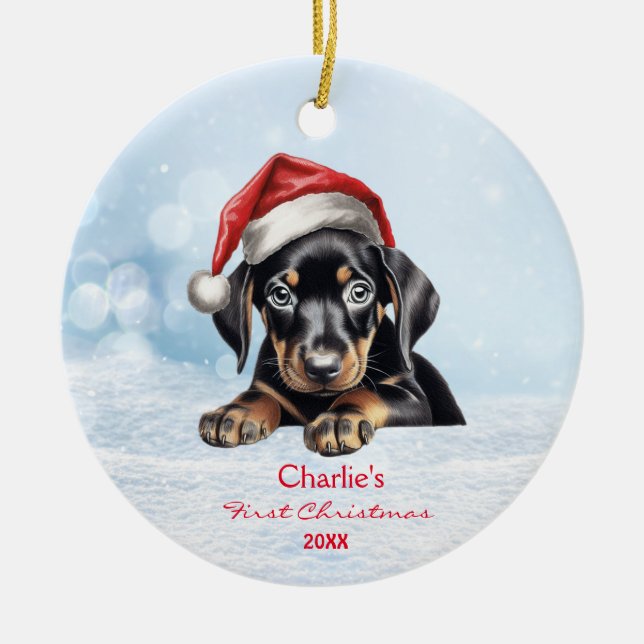 Ornamento De Cerâmica Cute Doberman Puppy Dog Santa Hat 1rua Natal (Frente)