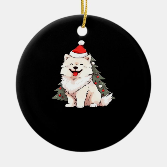 Ornamento De Cerâmica Cute Dog wearing Santa hat and Christmas tree Clas (Frente)