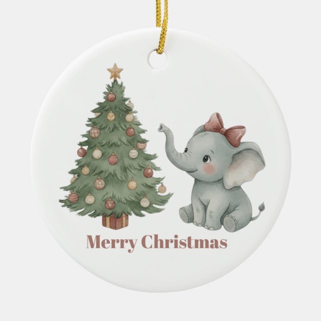 Ornamento De Cerâmica Cute Elephant with Christmas Tree Ornament (Frente)