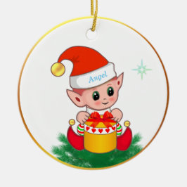 Ornamento De Cerâmica Cute elfo de Natal & estrela em branco
