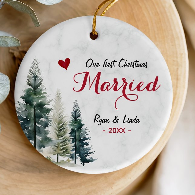 Ornamento De Cerâmica Cute first Christmas Married red heart (Criador carregado)