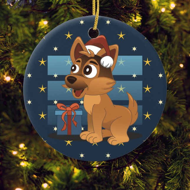 Ornamento De Cerâmica Cute German Shepherd puppy Cartoon Starry night (Criador carregado)