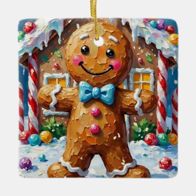 Ornamento De Cerâmica Cute Gingerbread Man Cheerful Christmas Cookie Art (Frente)