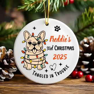 Ornamento De Cerâmica Cute Hand Drawn French Bulldog's First Christmas