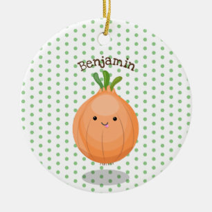 Ornamento De Cerâmica Cute happy brown onion green cartoon illustration
