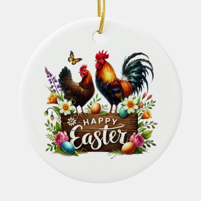 Ornamento De Cerâmica Cute Happy Easter customizable Rooster (Frente)
