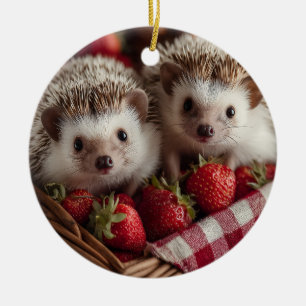 Ornamento De Cerâmica Cute Hedgehogs Peeking de uma Cesta de Morango