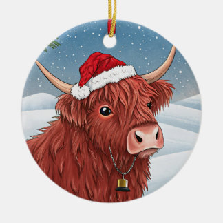 Ornamento De Cerâmica Cute Highland Cow Christmas | Santa Hat
