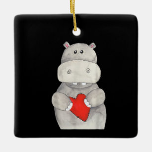 Ornamento De Cerâmica Cute Hippopotamus Segurando Coração Love Hippo