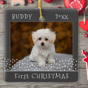 Ornamento De Cerâmica Cute Natal de Primeiro Cachorro Foto Estrelas Cinz