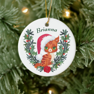 Ornamento De Cerâmica Cute Orange Tabby Kitten Christmas Wreath