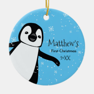 Ornamento De Cerâmica Cute Penguin.Baby é o primeiro nome personalizado