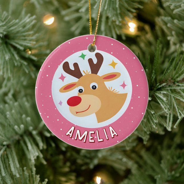 Ornamento De Cerâmica Cute Pink Reindeer Kid`s Name Christmas (Árvore)