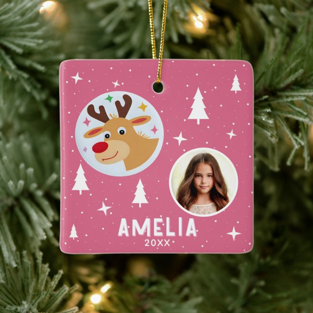 Ornamento De Cerâmica Cute Pink Reindeer Kid`s Name Photo Christmas (Árvore)